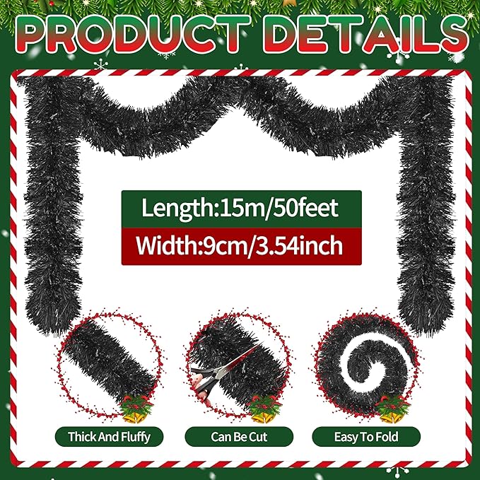 50 Ft Christmas Tinsel Garland Black Thick Tinsel Garland Xmas Tree Decorations Metallic Tinsel Twist Garland for Christmas, Birthday, Party Decor Indoor Outdoor Party Supplies