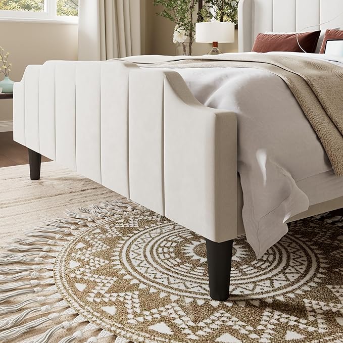 Allewie Vintage Full Size Velvet Platform Bed Frame with Curved Vertical Tufted Wingback Headboard and Footboard, Charging Station, Easy Assembly, Under Bed Storage, No Box Spring Required, White
