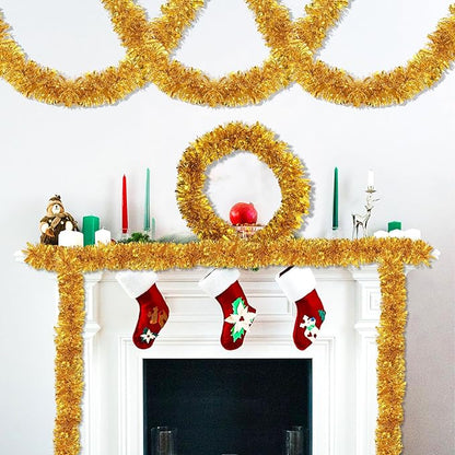 50 FT Gold Christmas Tinsel Garland Christmas Decorations for Xmas Tree Decor, Shiny Metallic Twist Hanging Tinsel Garlands for Stairs Mantle Fireplace Home Indoor Outdoor Holiday Party Supplies