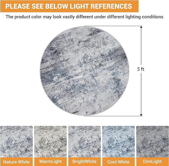 Round Rug 5ft Circle Rug Washable: Carpet Small Circular Area Rug for Entryway Kitchen Bedroom Dining Room Living Room 5 Feet Abstract College Dorm Non Slip Low Pile Blue Grey