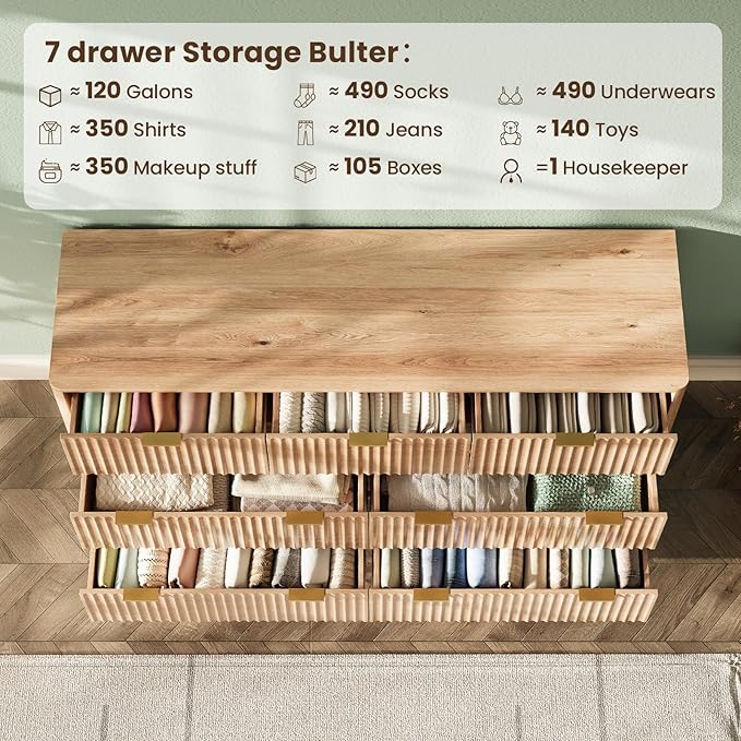 54'' Wide 7 Drawers Dressers for Bedroom, Modern Fluted Chest with Arc Corners, Large Wooden Dresser TV Stand, Wood Closet Clothes Storage Organizer for Living Room, Natural Wood
