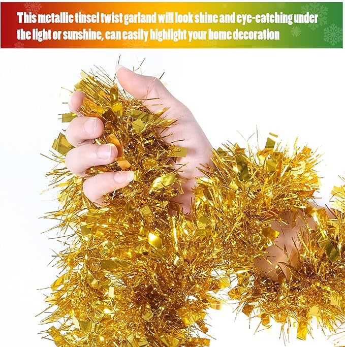 CANREVEL 4 Pieces 26.2 Ft Christmas Garland Metallic Shiny Twist Tinsel Garland Hanging Decorations for Christmas Tree, Mantle, Stairs Railing Decorations - Gold