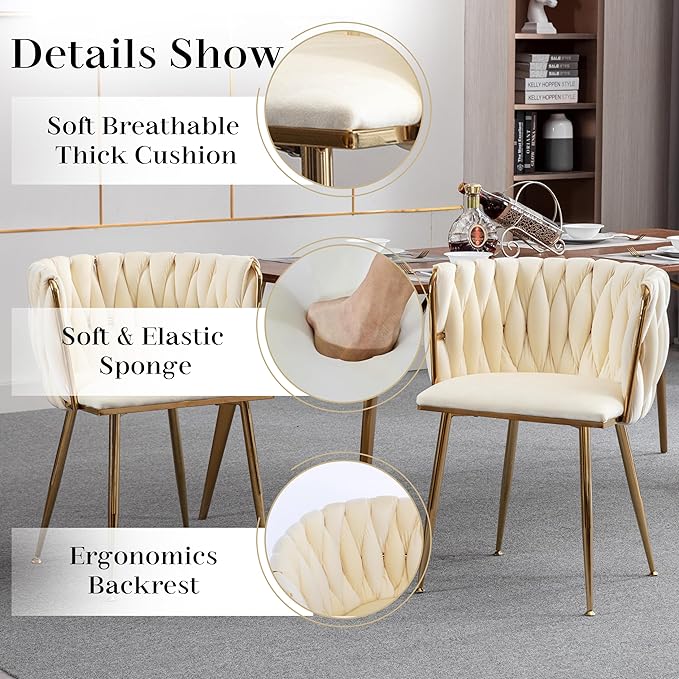 5 Piece Golden Round Glass Dining Table Set, 39'' Clear Circle Glass Top Dinner Room Set for 4, Modern Luxury Circular Kitchen Table & Beige Woven Chairs Set, for Small Apartment