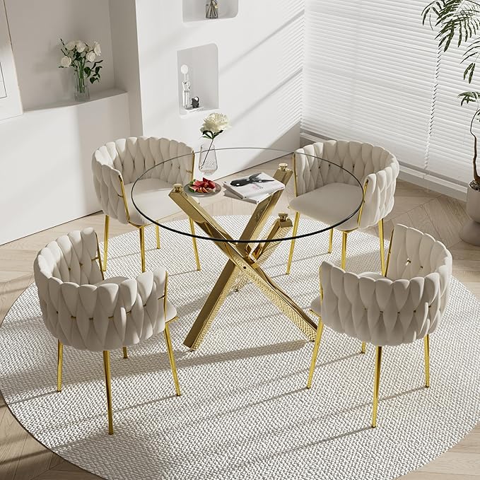 Gold Round Dining Table Set for 4, 39'' Clear Glass Top Dinner Table Set, 5 Piece Modern Luxury Circle Kitchen Table and Ivory Woven Chairs Set, Small Circular Dinette Set, for Apartment