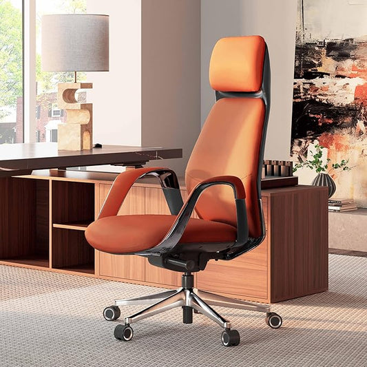 EUREKA ERGONOMIC Serene Executive Office Chair Genuine Leather, Modern Executive Chair 135° Back Support Comfy Desk with Arms & Aluminum Base for Home-Orange