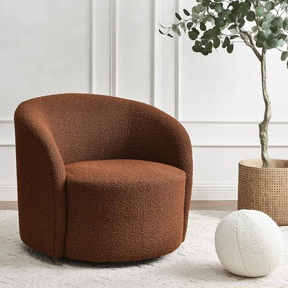 KINWELL Sherpa Swivel Barrel Chair & Round Ball Pillow Set - 34" Wide Modern Boucle Accent Chair with 9” Matching Nordic Decorative Throw Pillow for Living Room and Bedroom(Brown)