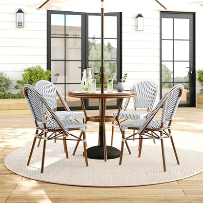 Martha Stewart Lily Pond 31” Round Indoor-Outdoor Bistro Dining Table with Aluminum Frame in Natural Woodgrain and Rattan Top in White/Navy with Tempered Glass Top