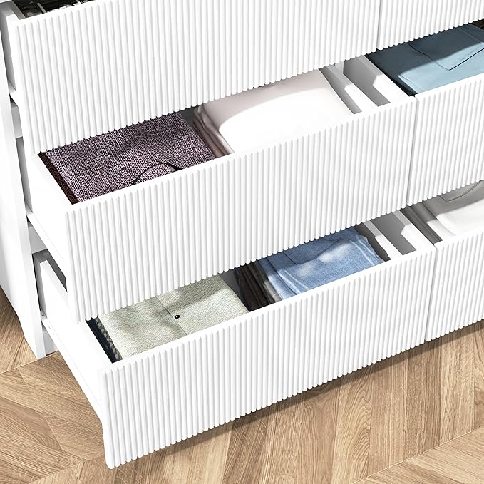 Fluted 6 Drawers Dresser,Modern Large Wood Dresser,Chest of Drawers for Bedroom, Living Room,Hallway,Entryway,TV Stand Drawer Organizer(Fluted White)