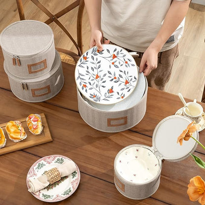 StorageWorks China Storage Containers, Hard Shell Storage Boxes for Plates, Mugs, Stemware Storage Cases, Holds up to 12 Place Settings, Foldable and Stackable Organizers, 5 Pack, Brown and Beige