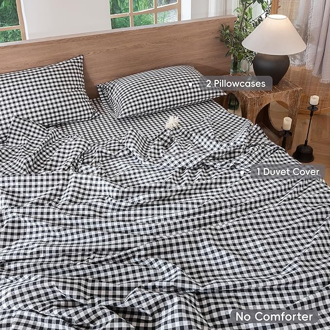 MooMee Gingham Duvet Cover Set 100% Washed Cotton Linen Like Textured Breathable Durable Soft Comfy Modern Checkered Design (Black White Gingham, King 104"x90")