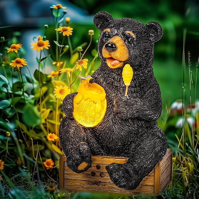 GIGALUMI Solar Garden Decor Cute Bear Statues Outdoor, Birthday Gifts for Mom Grandma Women, Retirement Housewarming Gifts Bear Figurine Lawn Ornament for Garden Yard Patio Balcony