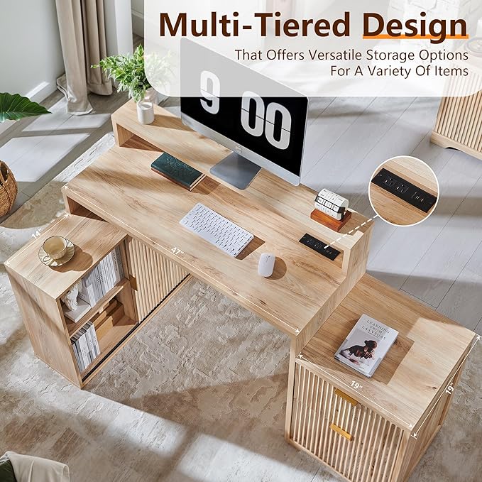 JXQTLINGMU 67" Modern L Shaped Desk with Storage Cabinet & Drawers, Wood Home Office Desk with Power Outlets, Fluted Computer Writing Desk, Natural Oak