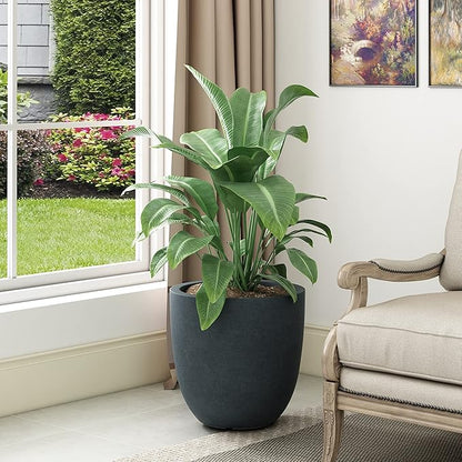 Kante 14 Inch Dia Round Concrete Planter, Indoor Outdoor Large Plant Pot with Drainage Hole and Rubber Plug for Home Patio Garden, Dark Gray