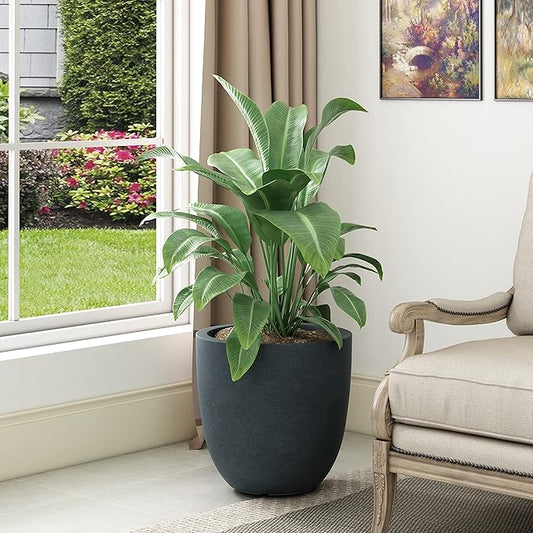 Kante 14 Inch Dia Round Concrete Planter, Indoor Outdoor Large Plant Pot with Drainage Hole and Rubber Plug for Home Patio Garden, Dark Gray