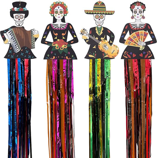codree 4 PCS Large Day of The Dead Sugar Skull Hanging Decorations-39x8.6 Inch Dia De Los Muertos Hanging Decorations for Day of The Dead Halloween Party Home Outdoor Decor