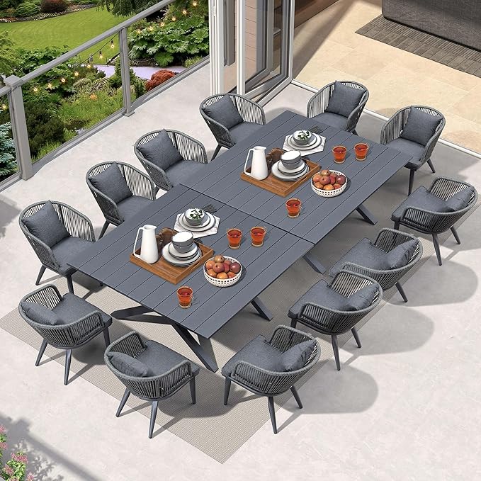 PURPLE LEAF 14 Pieces Patio Dining Table Set Wicker Outdoor Furniture Oversize Rectangular Table and Chairs Set for Garden Deck Aluminum Frame Backyard Kitchen Set, Cushions and Pillows Included Grey