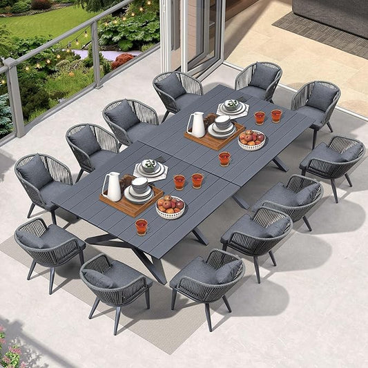 PURPLE LEAF 14 Pieces Patio Dining Table Set Wicker Outdoor Furniture Oversize Rectangular Table and Chairs Set for Garden Deck Aluminum Frame Backyard Kitchen Set, Cushions and Pillows Included Grey