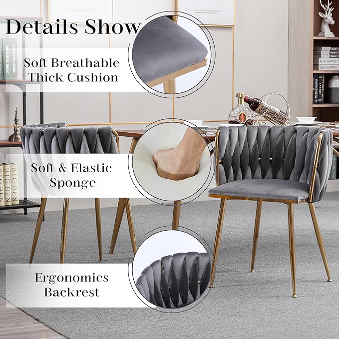 Modern Round Glass Dining Table Set for 4, 47'' Clear Circular Kitchen Table and Chairs Set, 5 PCS Mid Century Modern Circle Dining Room Table Set, Grey Woven Dining Chair for Home (Golden)