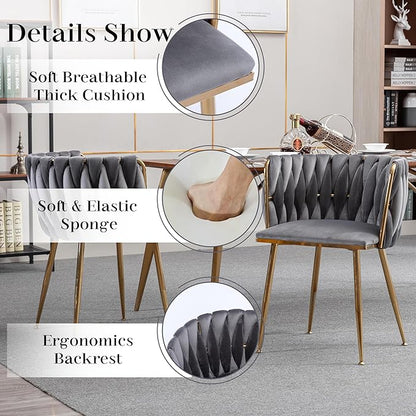 Modern Round Glass Dining Table Set for 4, 47'' Clear Circular Kitchen Table and Chairs Set, 5 PCS Mid Century Modern Circle Dining Room Table Set, Grey Woven Dining Chair for Home (Golden)