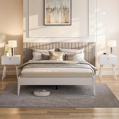Bme Dinkee Signature Ivory White Queen Bed Frame Without Headboard - Modern & Minimalist Style with Acacia Wood - 12 Strong Wood Slat Support - Easy Assembly - No Box Spring Needed