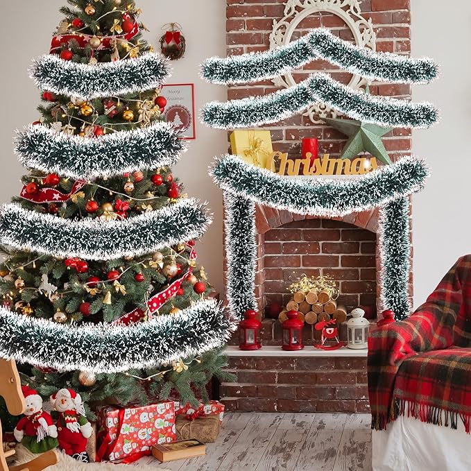 50FT Tinsel Christmas Garland Metallic Twist Garland Shiny Hanging Tinsel for Christmas Tree Party Supplies Indoor Outdoor Home Xmas Decoration (Green/White)