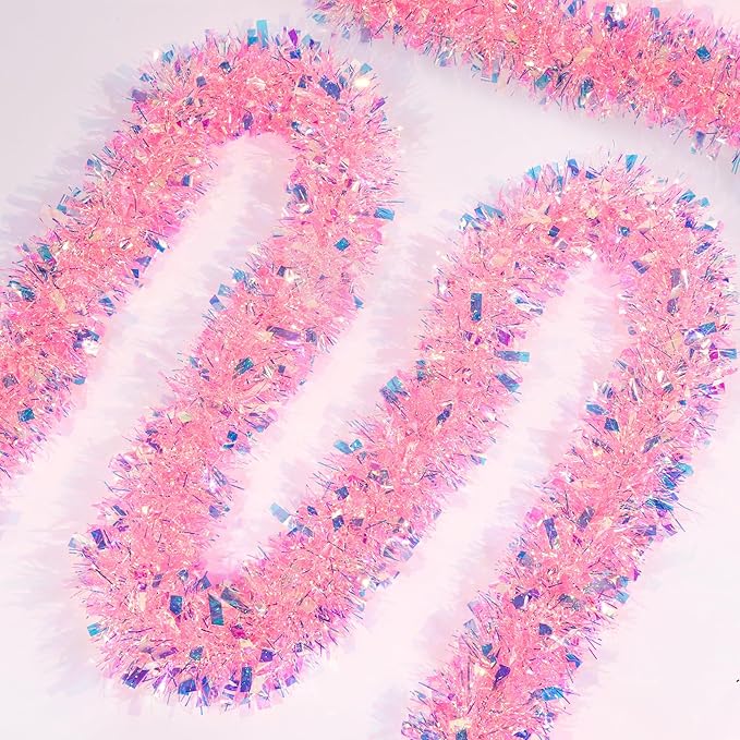 50 FT Pink Christmas Tinsel Garland Christmas Decorations for Xmas Tree Decor, Shiny Iridescent Metallic Twist Hanging Tinsel Garlands for Stairs Mantle Fireplace Home Indoor Holiday Party Supplies