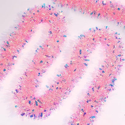 50 FT Pink Christmas Tinsel Garland Christmas Decorations for Xmas Tree Decor, Shiny Iridescent Metallic Twist Hanging Tinsel Garlands for Stairs Mantle Fireplace Home Indoor Holiday Party Supplies