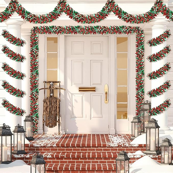 50FT Christmas Tinsel Garland, Red Green Metallic Twist Shiny Hanging Garland Ornaments for Christmas Tree, Party Supplies Thick Metallic Xmas Streamers