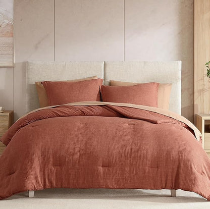 Geniospin Full Size Comforter Set- 7 Pieces Terracotta Textured King Bedding Set, Soft Solid Bed in a Bag for All Seasons, Fall Comforter Set with Sheets