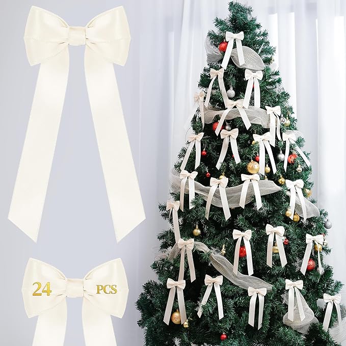 AYGXU 24pcs Twist Tie Bows,premade Rice White Bows for Gift Wrapping,Christmas Tree Bow tie,Christmas Ornaments,Double-Sided Ribbon Bow,Bag Ties Twists