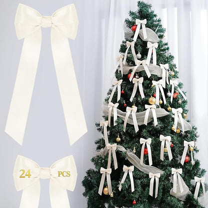 AYGXU 24pcs Twist Tie Bows,premade Rice White Bows for Gift Wrapping,Christmas Tree Bow tie,Christmas Ornaments,Double-Sided Ribbon Bow,Bag Ties Twists