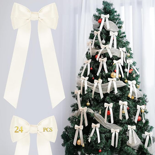 AYGXU 24pcs Twist Tie Bows,premade Rice White Bows for Gift Wrapping,Christmas Tree Bow tie,Christmas Ornaments,Double-Sided Ribbon Bow,Bag Ties Twists