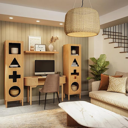 WERMO 18’’ Showcase Display Cabinet with Geometric Cut-Out Doors - Modern Curio Cabinet for Dining Room, Living Room, Entryway. Trophy Case and Collectible Display Case Wood with Door & Storage Consoles (Oak)