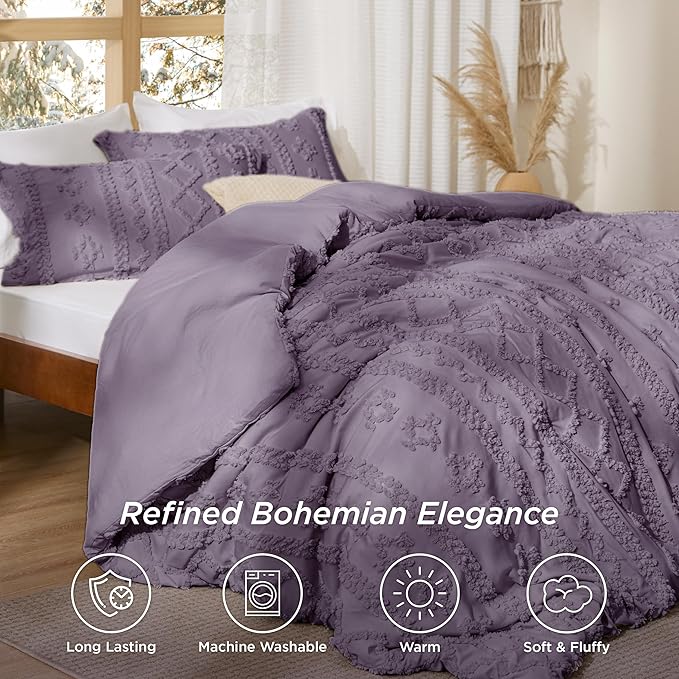 Bedsure Tufted Boho Comforter Set King Size - Grayish Purple Boho Bed Set, GentleSoft™ 3 Pieces Farmhouse Shabby Chic Embroidery Bedding, Gifts for Woman, Soft Jacquard King Comforter for All Seasons