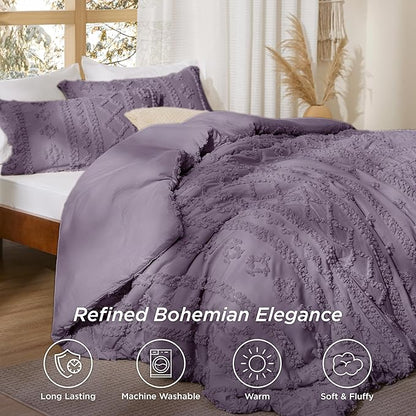 Bedsure Tufted Boho Comforter Set King Size - Grayish Purple Boho Bed Set, GentleSoft™ 3 Pieces Farmhouse Shabby Chic Embroidery Bedding, Gifts for Woman, Soft Jacquard King Comforter for All Seasons