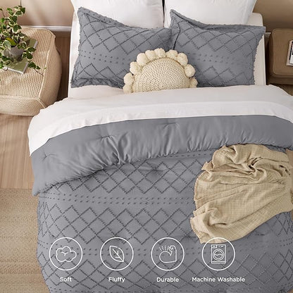 Bedsure Full Comforter Set - Grey Comforter, Boho Tufted Shabby Chic Bedding for Kids, 3 Pieces Vintage Farmhouse Bed Set for All Seasons, Fluffy Soft Bedding with 2 Pillow Shams