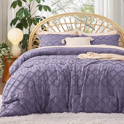 Bedsure Queen Comforter Set - Grayish Purple Comforter, Boho Tufted Shabby Chic Bedding for Kids, 3 Pieces Vintage Farmhouse Bed Set for All Seasons, Fluffy Soft Bedding with 2 Pillow Shams