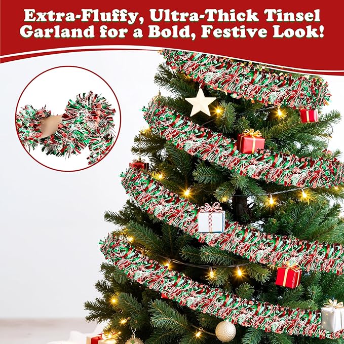 50FT Christmas Tinsel Garland, Red Green&White Metallic Twist Shiny Hanging Garland Ornaments for Christmas Tree, Party Supplies Thick Metallic Xmas Streamers