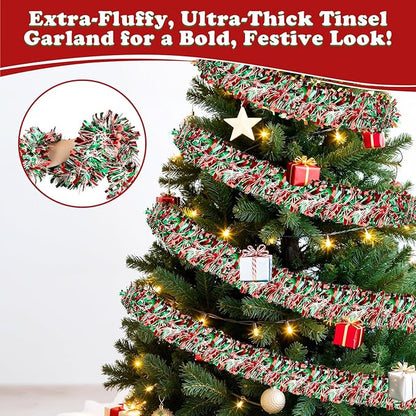 50FT Christmas Tinsel Garland, Red Green&White Metallic Twist Shiny Hanging Garland Ornaments for Christmas Tree, Party Supplies Thick Metallic Xmas Streamers