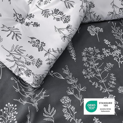 Bedsure Oversized Queen Comforter Set - Dark Grey Bed Set, 3 Pieces Cute Floral Bedding, 1 Soft Reversible Botanical Flowers Comforter and 2 Pillow Shams