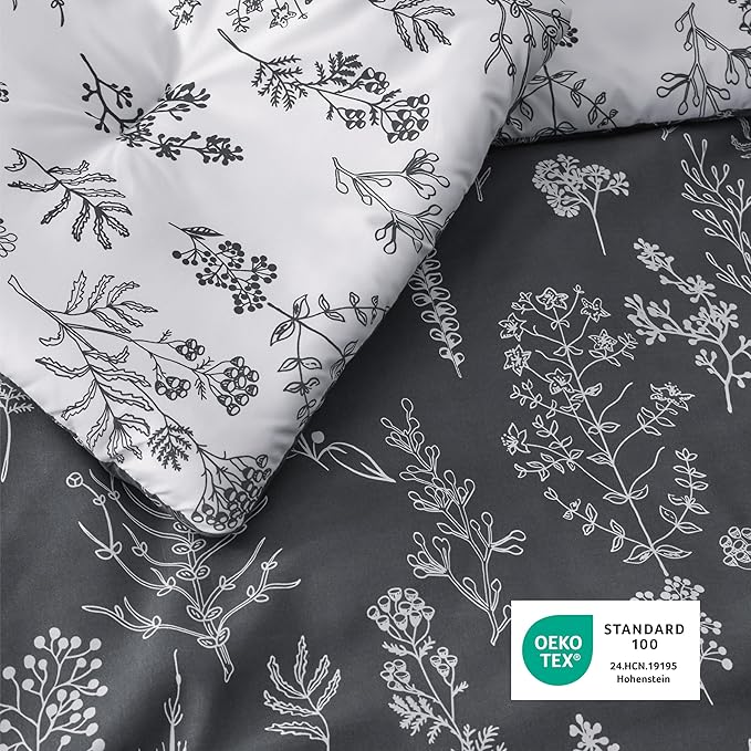 Bedsure Full Comforter Set - Dark Grey Bed Set, 3 Pieces Cute Floral Bedding, 1 Soft Reversible Botanical Flowers Comforter and 2 Pillow Shams