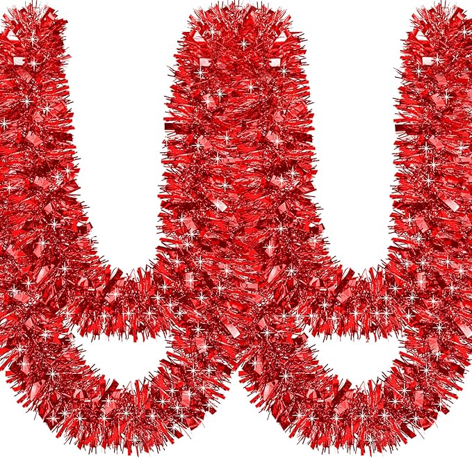 50Ft Christmas Tinsel Garland Red Xmas Tree Decorations Valentine Metallic Glitter Twist Garland for Christmas Decorations Party Anniversary Birthday Holiday Supplies Indoor Outdoor Supplies