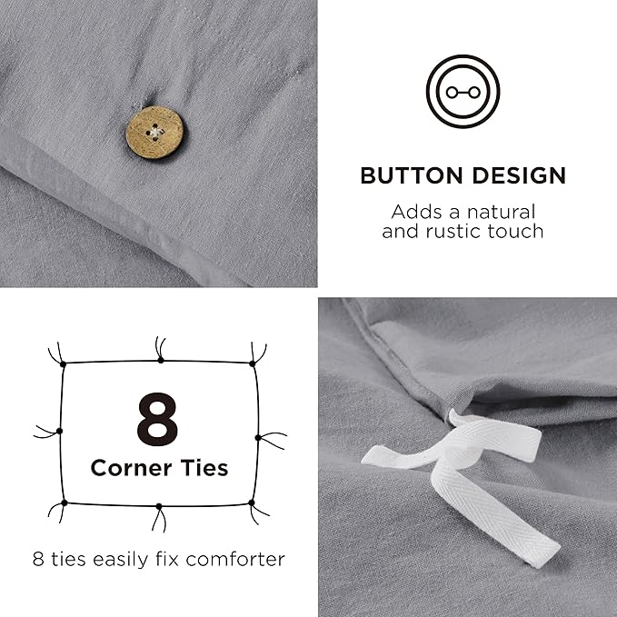 Bedsure Linen Duvet Cover Queen - Linen Cotton Blend Bedding Set, Soft & Cozy, 3 Pieces, 1 Duvet Cover 90x90 Inches and 2 Pillowcases, Silver Grey Color Cooling Bedding, Comforter Sold Separately