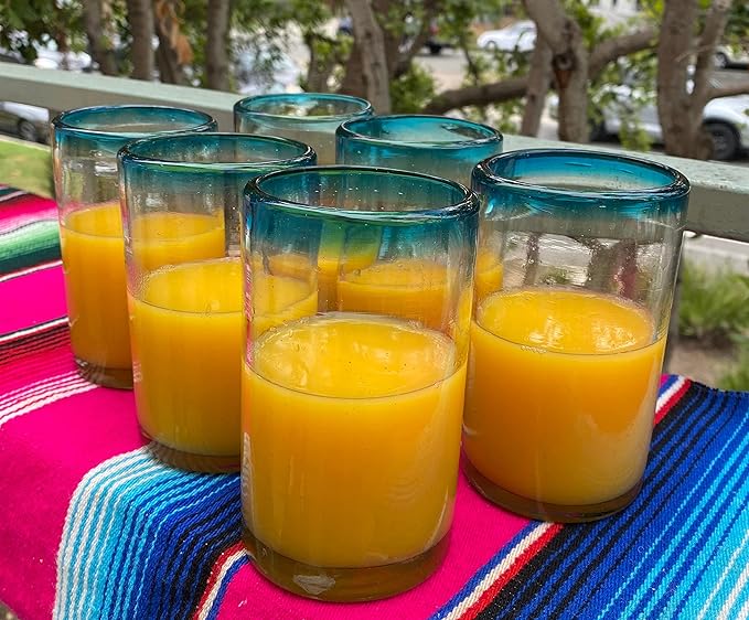 Dos Sueños Hand Blown Mexican Drinking Glasses – Set of 6 Glasses with Aqua Rims 14 oz each