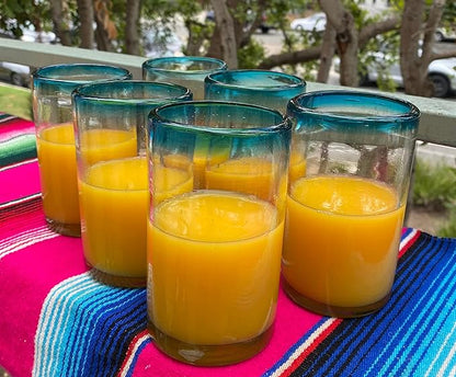 Dos Sueños Hand Blown Mexican Drinking Glasses – Set of 6 Glasses with Aqua Rims 14 oz each