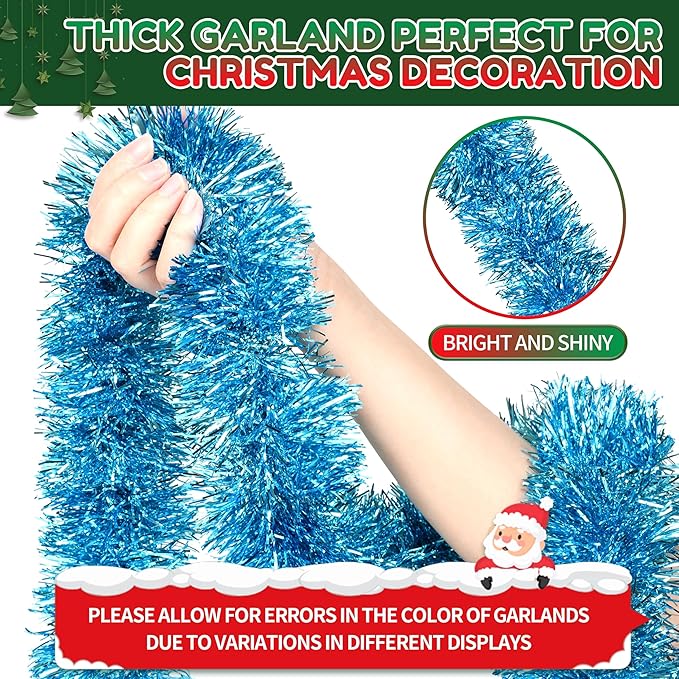 50 Ft Christmas Tinsel Garland Sky Blue Thick Tinsel Garland Xmas Tree Decorations Metallic Tinsel Twist Garland for Christmas, Birthday, Party Decor Indoor Outdoor Party Supplies