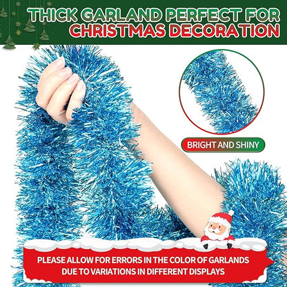 50 Ft Christmas Tinsel Garland Sky Blue Thick Tinsel Garland Xmas Tree Decorations Metallic Tinsel Twist Garland for Christmas, Birthday, Party Decor Indoor Outdoor Party Supplies