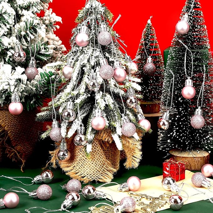 Jansun 60PCS Pink Christmas Mini Balls Ornaments Miniature Xmas Tree Hanging Decorations Small Vintage Glitter Balls for Holiday Party Outdoor Indoor DIY Craft Decor Supplies