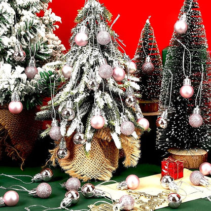 Jansun 60PCS Pink Christmas Mini Balls Ornaments Miniature Xmas Tree Hanging Decorations Small Vintage Glitter Balls for Holiday Party Outdoor Indoor DIY Craft Decor Supplies