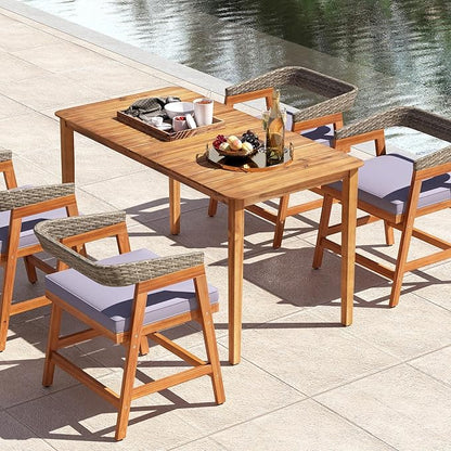 Tangkula Rectangular Outdoor Dining Table, 4-6 People Large Acacia Wood Patio Table with Slatted Tabletop, Indoor Outdoor Farmhouse Bistro Table for Yard, Garden, Poolside, Deck